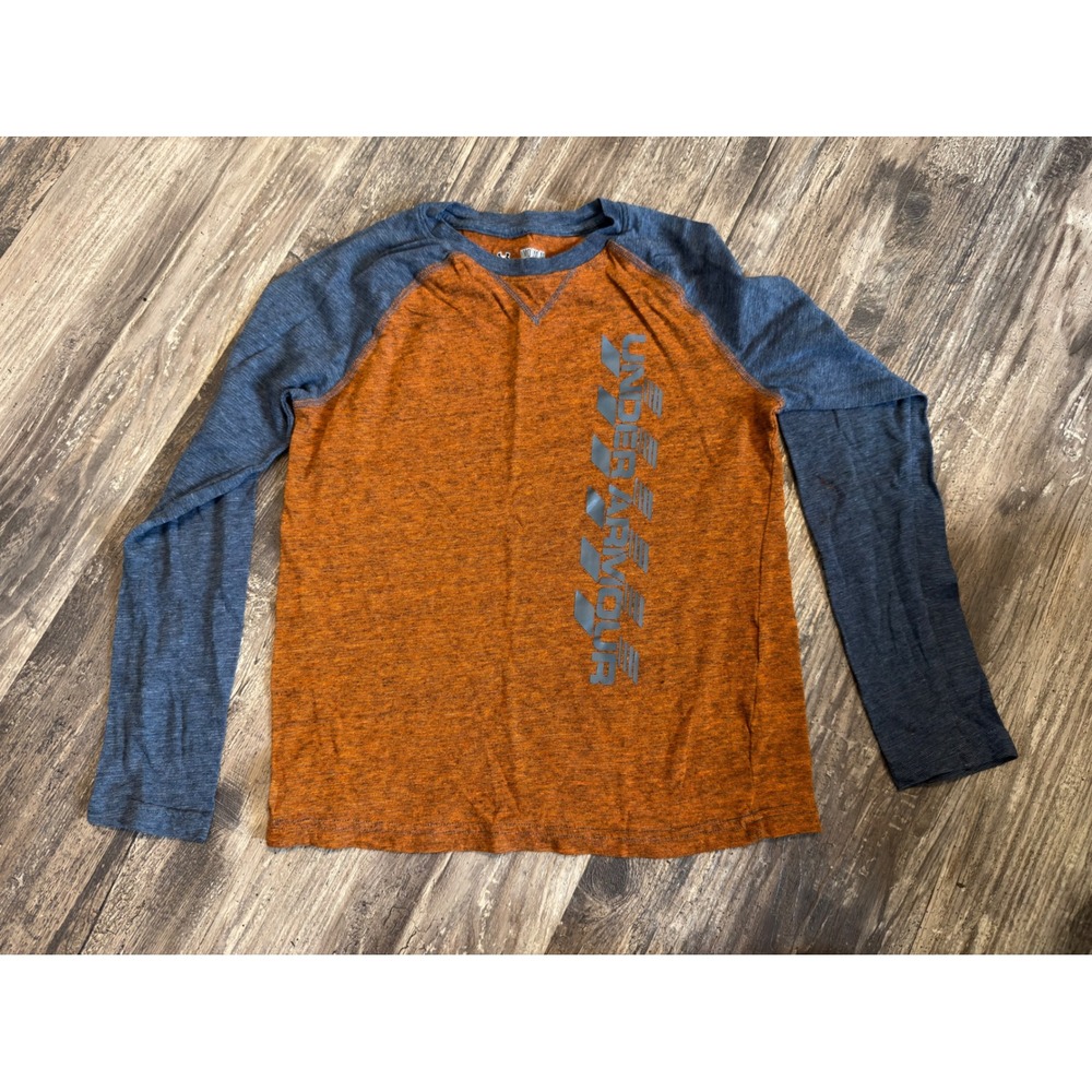 Under Armour Youth Medium Long Sleeve Raglan Graphic Shirt Orange Navy Blue